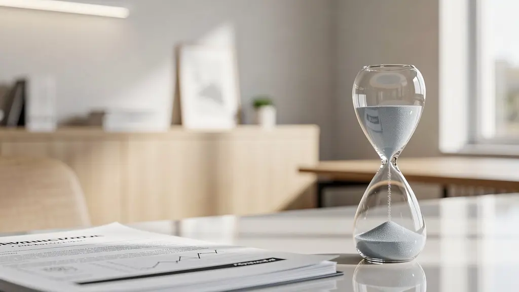 Bureau moderne avec documents financiers et chronomètre symbolisant l'analyse rapide