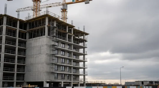 Chantier d'immeuble en construction avec grues et structure en béton apparent sous un ciel dramatique