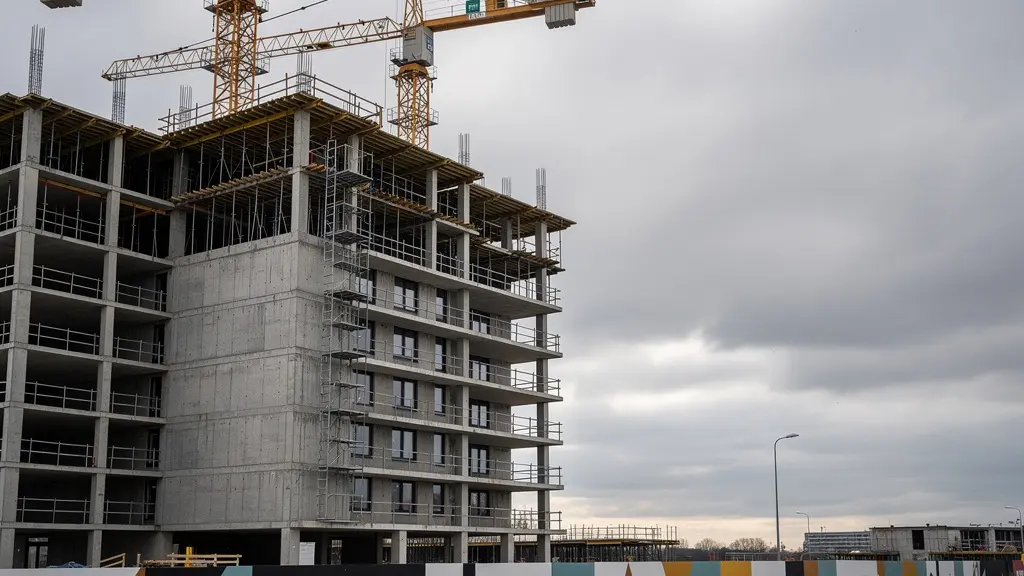 Chantier d'immeuble en construction avec grues et structure en béton apparent sous un ciel dramatique