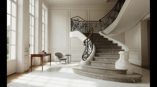 Intérieur luxueux d'un hôtel particulier avec escalier majestueux et lumière naturelle