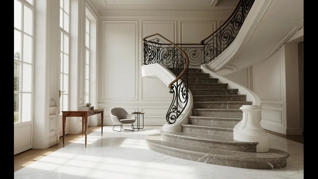 Intérieur luxueux d'un hôtel particulier avec escalier majestueux et lumière naturelle