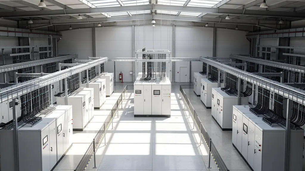 Vue aérienne d'un entrepôt industriel montrant l'organisation optimale des machines près du tableau électrique