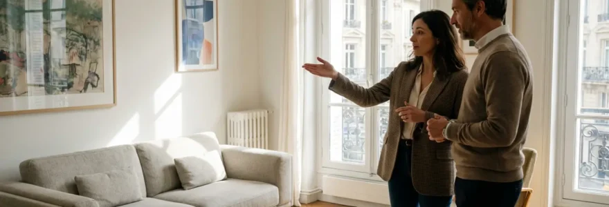 Agent immobilier présentant un appartement meublé lumineux à un propriétaire investisseur