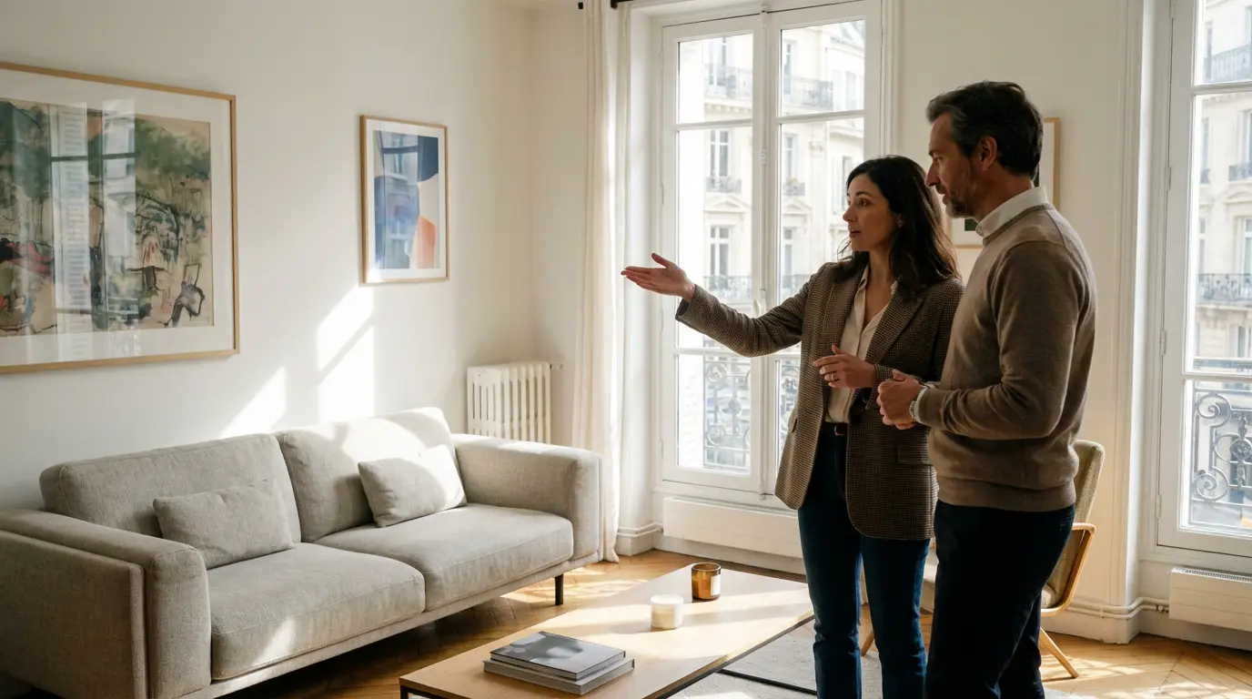 Agent immobilier présentant un appartement meublé lumineux à un propriétaire investisseur