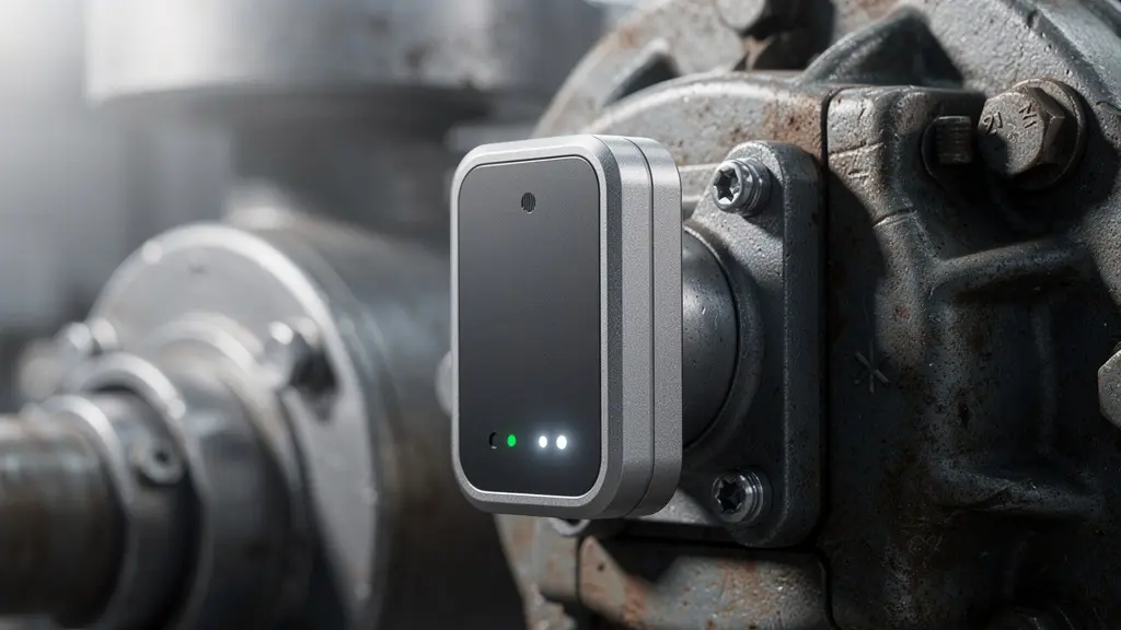 Capteur de vibration IoT installé sur un équipement industriel avec visualisation des ondes vibratoires