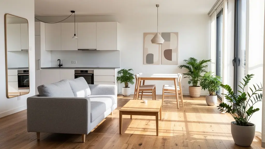Intérieur moderne et chaleureux d'un studio rénové avec mobilier design