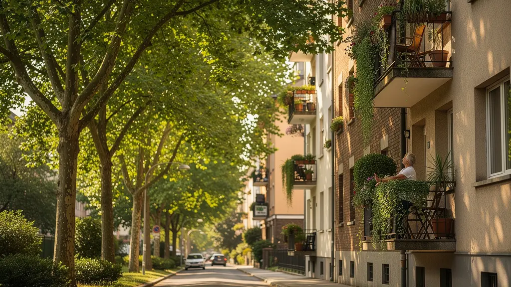 Façade d'immeuble avec balcons fleuris et rue ombragée par de grands arbres en été
