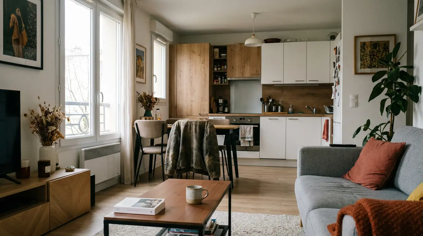 Intérieur d'un appartement T2 meublé avec équipements conformes au décret 2015