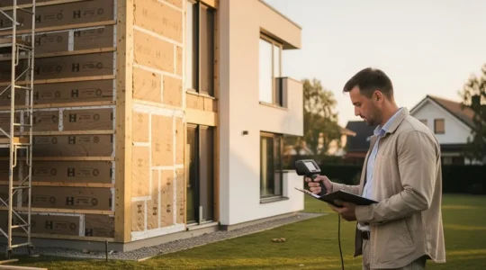 Vue large d'une maison en cours d'audit énergétique avec un expert analysant la performance thermique