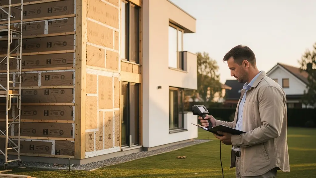 Vue large d'une maison en cours d'audit énergétique avec un expert analysant la performance thermique