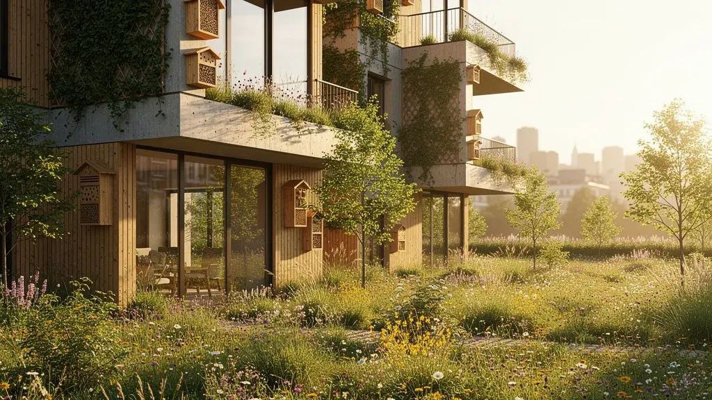 Bâtiment moderne avec façade végétalisée et aménagements paysagers intégrant la biodiversité urbaine