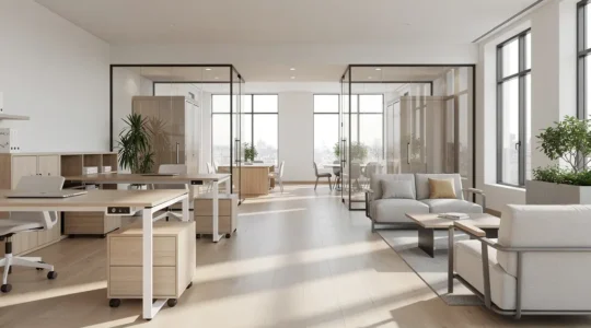 Espace de bureaux moderne avec configuration flexible, mobilier modulaire et zones de collaboration ouvertes