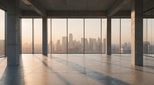 Bureau moderne vide avec vue sur la ville, baigné de lumière naturelle suggérant un potentiel de transformation résidentielle