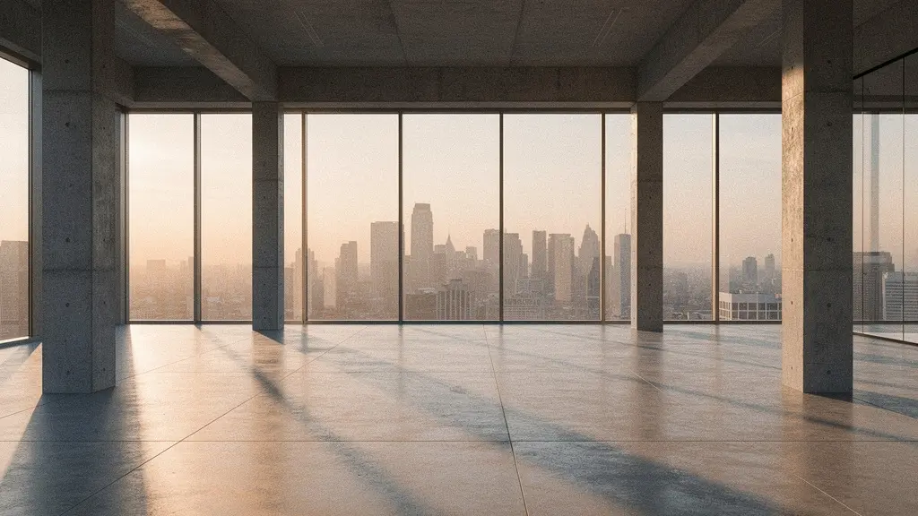 Bureau moderne vide avec vue sur la ville, baigné de lumière naturelle suggérant un potentiel de transformation résidentielle