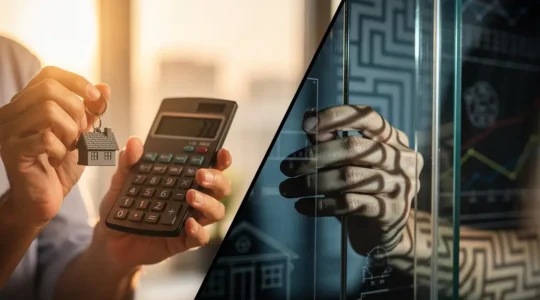 Simulation de calcul financier avec documents bancaires, calculatrice et graphiques représentant les taux d'intérêt et d'endettement