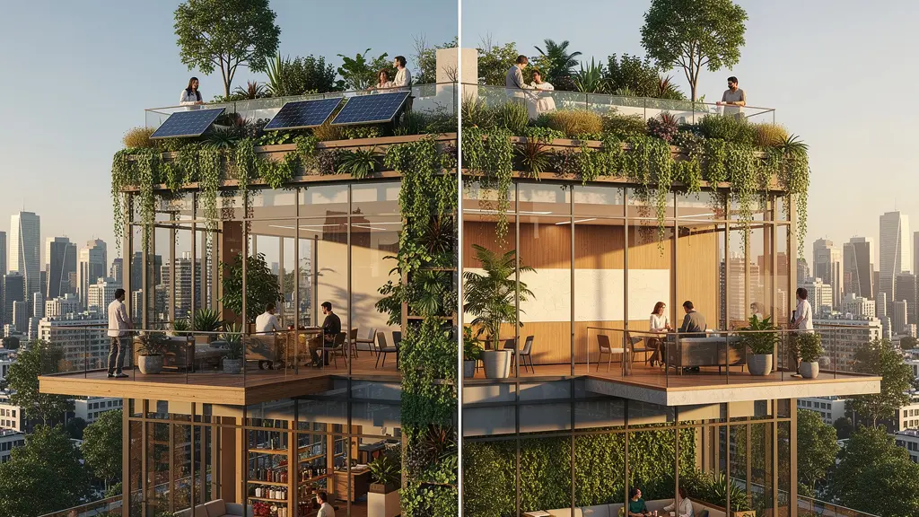 Bâtiment certifié avec jardins verticaux et espaces de bien-être visibles