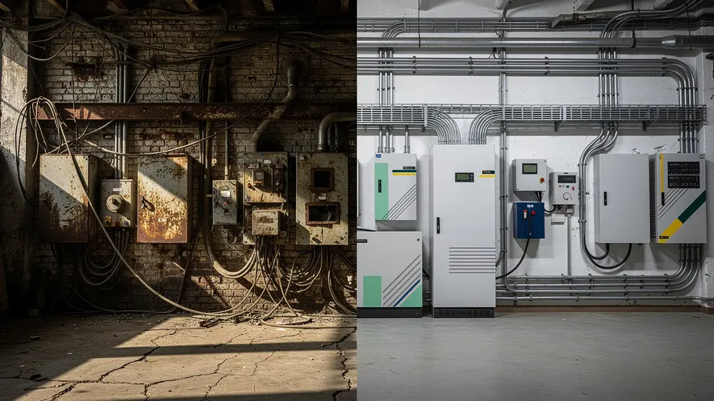 Transformation d'une friche industrielle avec mise à niveau des installations électriques visibles
