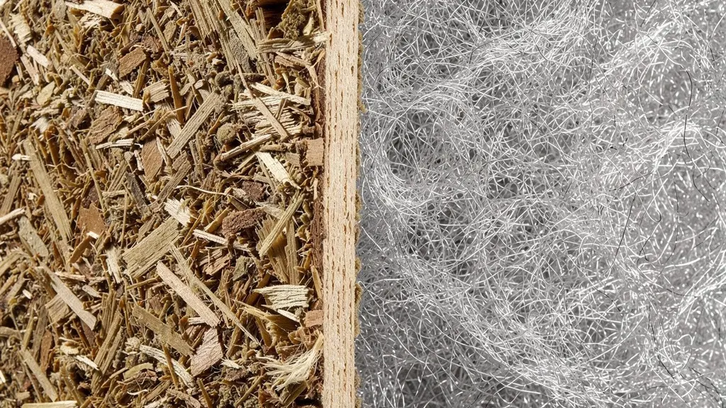 Échantillons de laine de bois et laine de verre côte à côte montrant la différence de densité