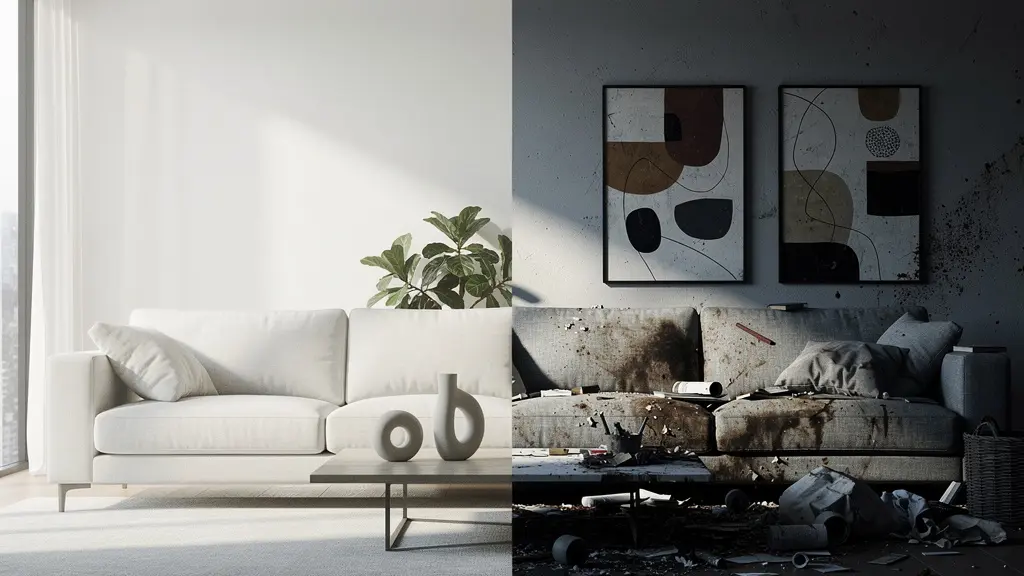 Composition montrant deux intérieurs de maison, l'un lumineux et épuré, l'autre sombre avec encombrement