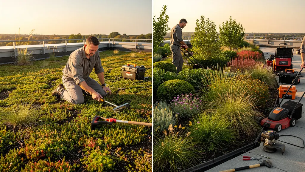 Comparaison visuelle entre une toiture extensive avec sedums et une toiture intensive avec arbustes