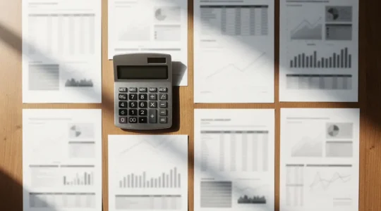 Comptabilité immobilière LMNP avec documents financiers et calculatrice pour le régime réel