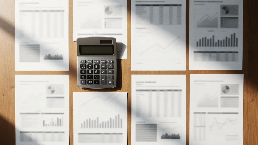 Comptabilité immobilière LMNP avec documents financiers et calculatrice pour le régime réel