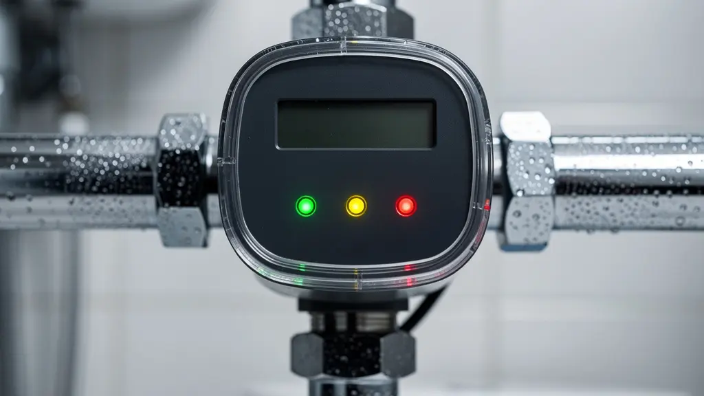 Gros plan sur un compteur d'eau intelligent IoT installé sur une canalisation avec indicateurs LED colorés