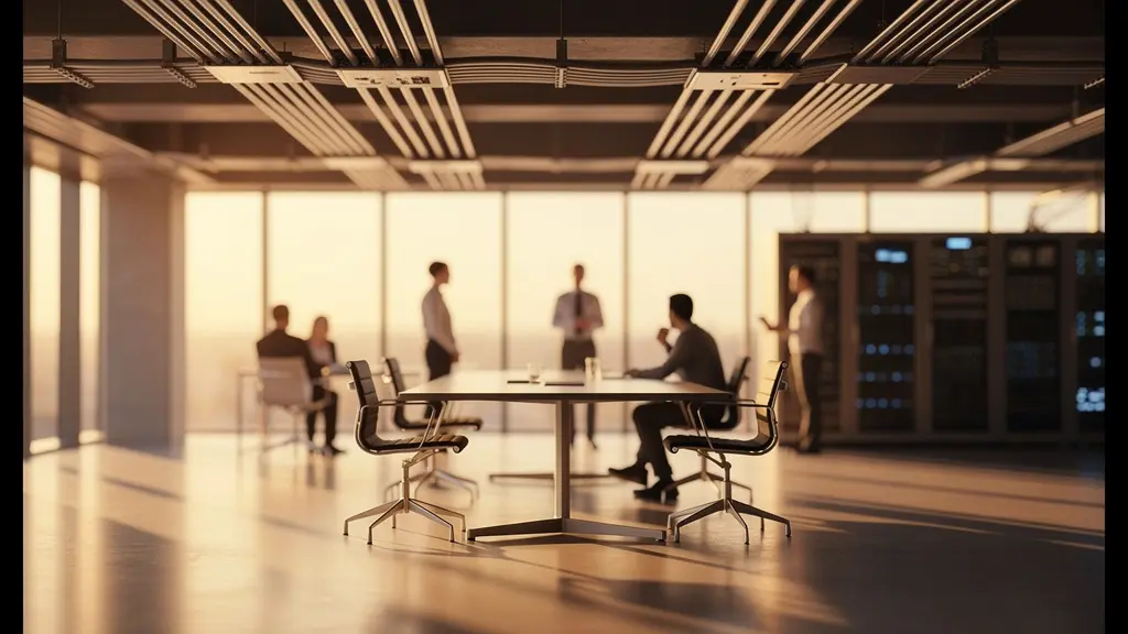 Bureau moderne avec infrastructure réseau visible et professionnels en réunion