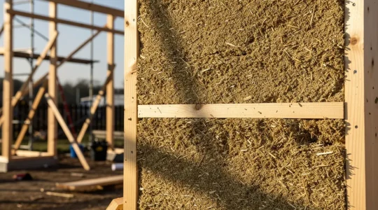 Détail d'un mur en construction montrant la texture naturelle du béton de chanvre avec ossature bois apparente dans un chantier moderne