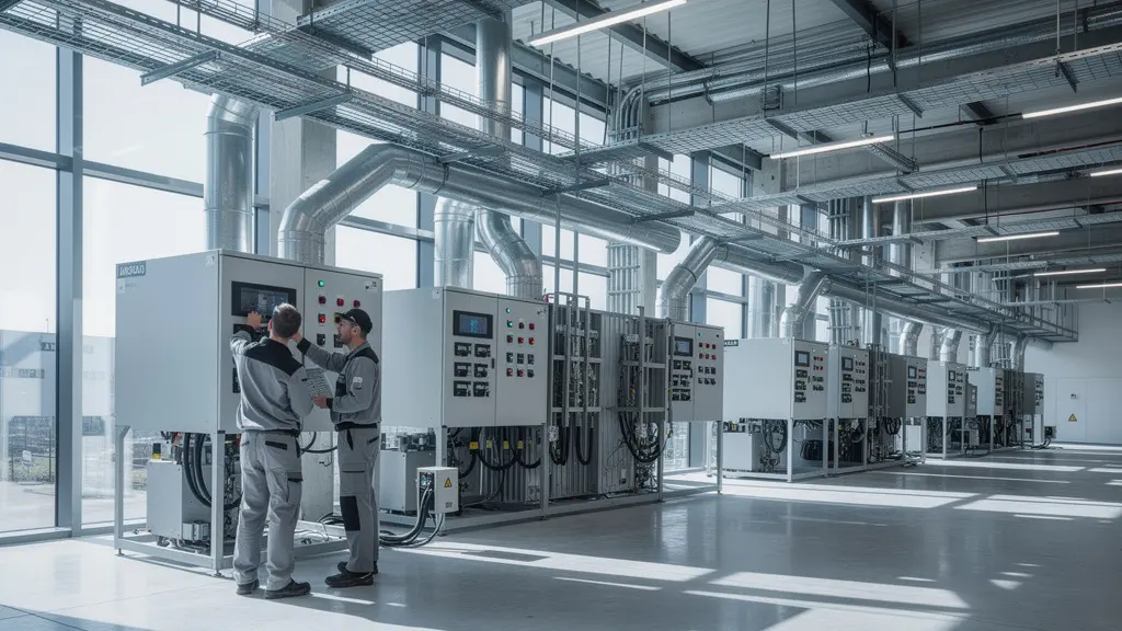 Vue intérieure d'un bâtiment moderne avec techniciens de maintenance inspectant les systèmes techniques