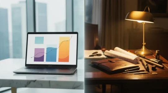 Comparaison visuelle entre environnement de travail numérique et bureau traditionnel de courtage immobilier