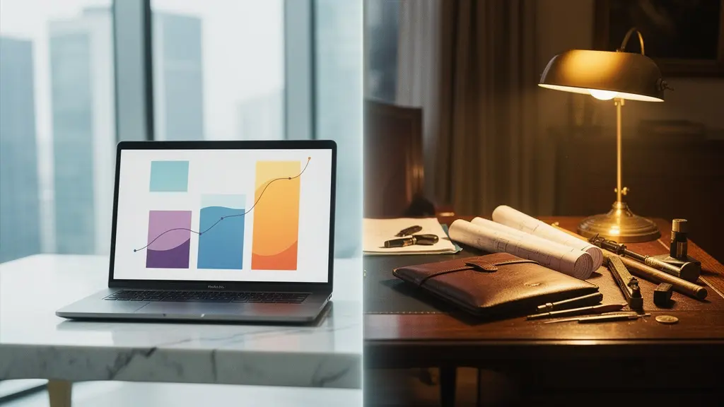 Comparaison visuelle entre environnement de travail numérique et bureau traditionnel de courtage immobilier