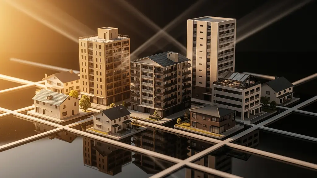 Composition architecturale moderne montrant différents types de bâtiments en perspective avec jeu de lumières