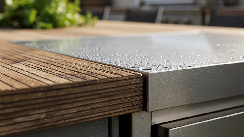 Cuisine d'été design sur terrasse avec espace repas convivial et vue dégagée