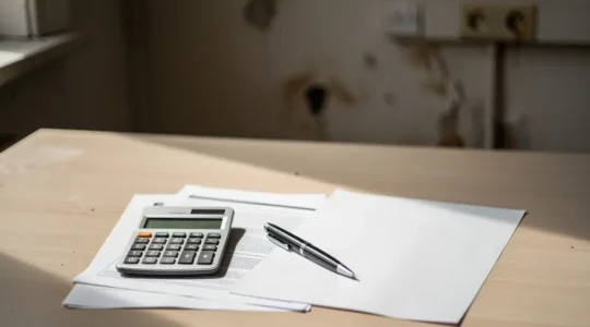 Documents de diagnostic immobilier posés sur une table en bois avec une calculatrice et un stylo, éclairés par une lumière naturelle douce