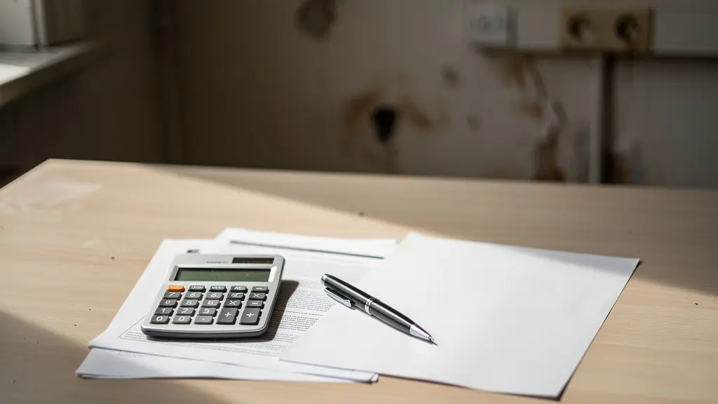 Documents de diagnostic immobilier posés sur une table en bois avec une calculatrice et un stylo, éclairés par une lumière naturelle douce