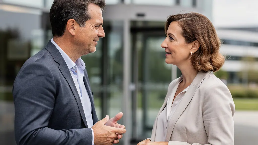 Deux professionnels discutant devant des bureaux modernes en zone d'activité PACA