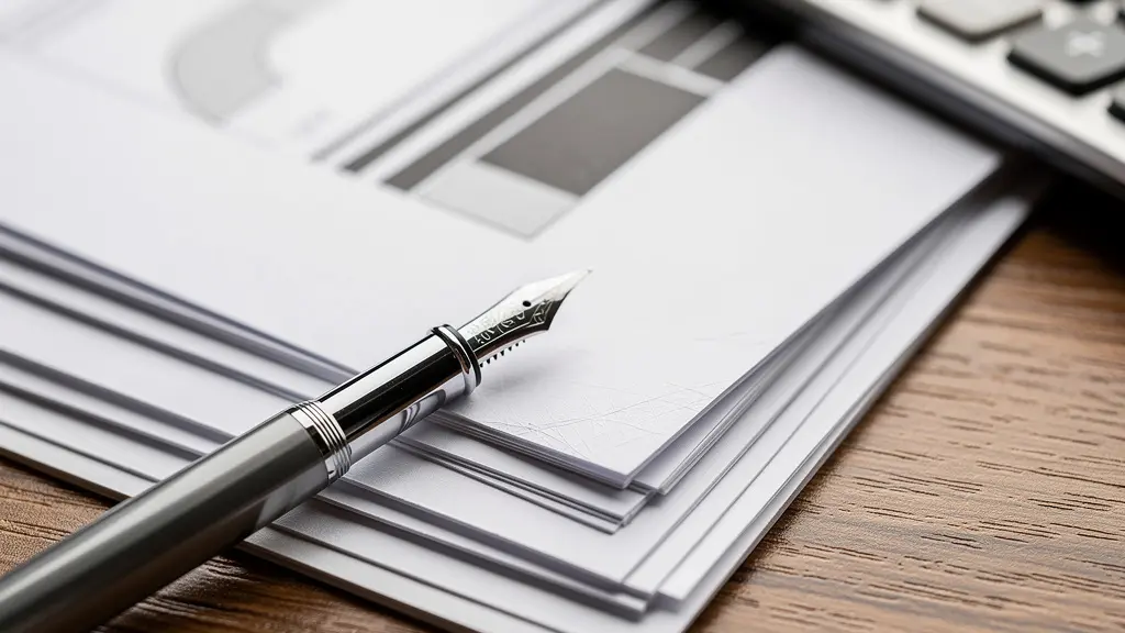 Dossiers immobiliers organisés sur bureau avec stylo et calculatrice suggérant préparation professionnelle