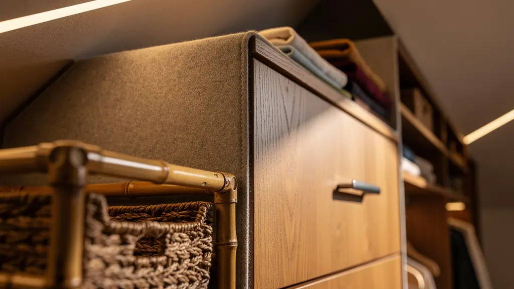 Dressing sur mesure installé sous des combles avec systèmes modulaires et éclairage LED