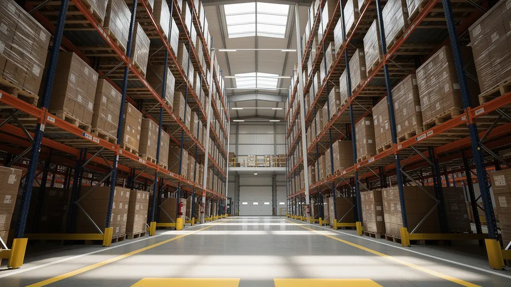 Vue intérieure d'un entrepôt moderne avec des rayonnages de grande hauteur et une perspective montrant l'optimisation de l'espace vertical