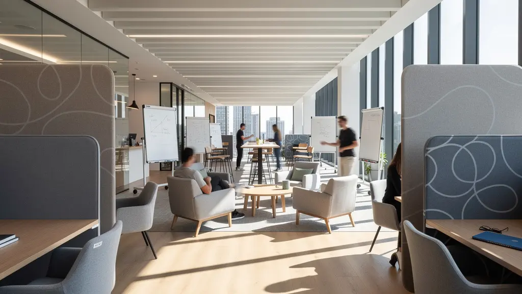 Vue environnementale d'un espace de travail montrant différentes zones acoustiques