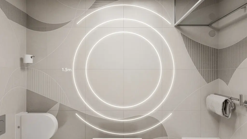 Vue aérienne d'une salle de bain montrant l'aire de giration d'un fauteuil roulant avec des zones de transfert marquées