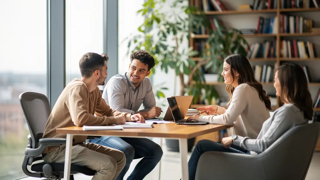 Espace de coworking moderne dans une résidence de coliving avec jeunes professionnels travaillant
