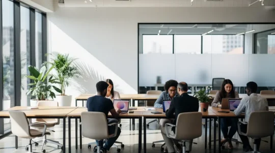 Espace de coworking moderne avec professionnels travaillant dans un environnement lumineux et collaboratif