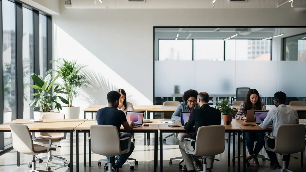Espace de coworking moderne avec professionnels travaillant dans un environnement lumineux et collaboratif