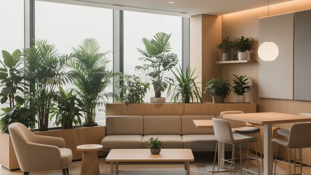 Espace de détente moderne en entreprise avec mobilier ergonomique et plantes vertes