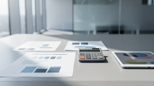 Expert évaluant des documents financiers dans un bureau moderne avec tablette et graphiques financiers