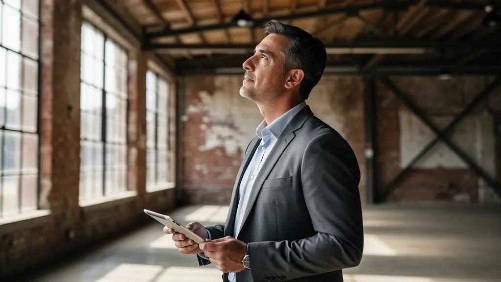 Expert immobilier analysant l'intérieur d'un loft industriel avec poutres métalliques apparentes