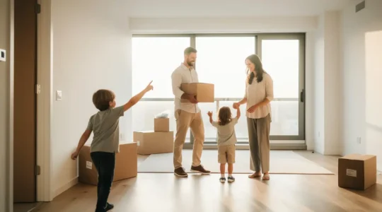 Famille heureuse découvrant son nouvel appartement lumineux avec grandes fenêtres et cartons de déménagement