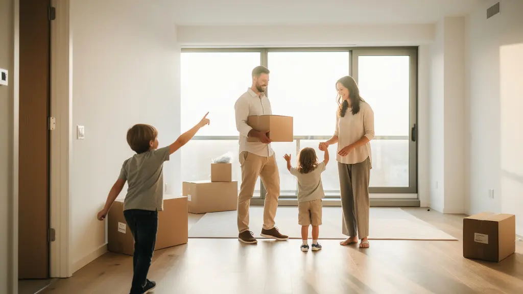 Famille heureuse découvrant son nouvel appartement lumineux avec grandes fenêtres et cartons de déménagement